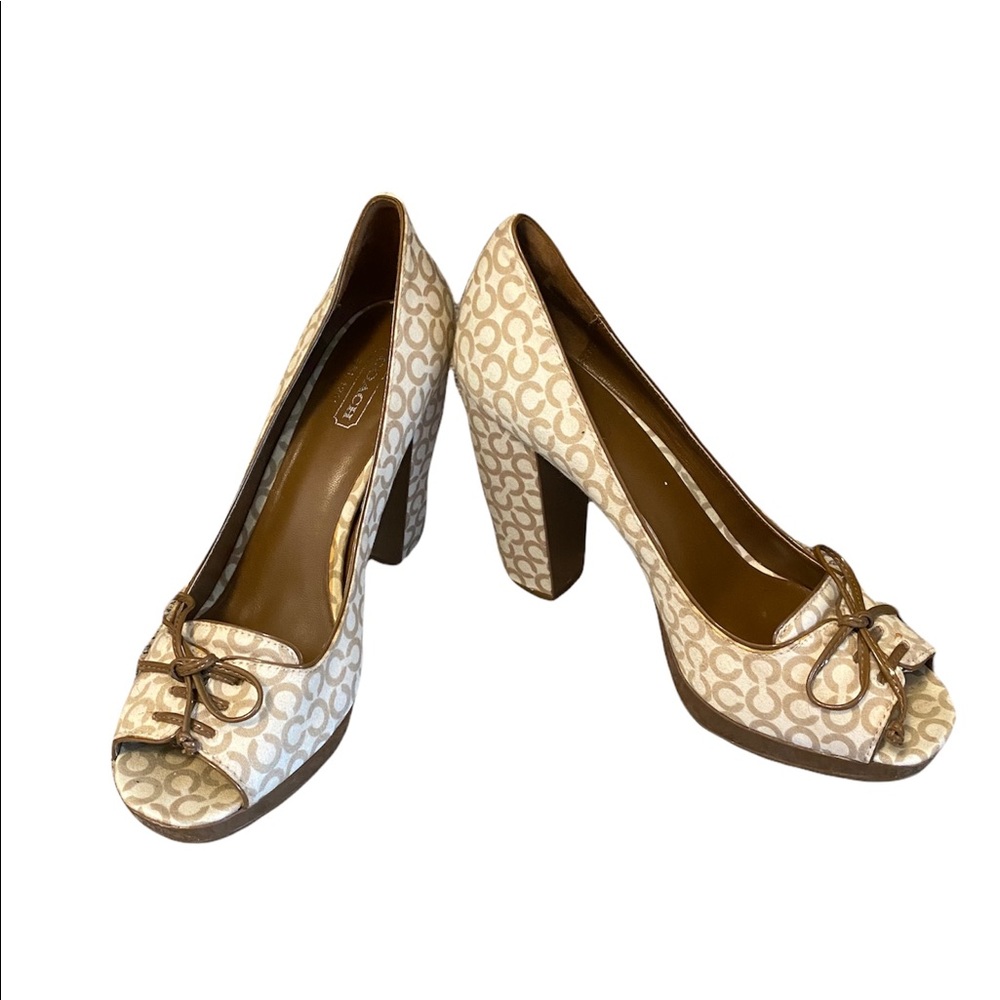 Coach Corey Signature Logo Fabric Peep Toe Chunky Heels [ Pre-Loved]